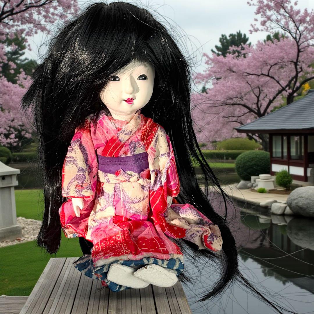 市松人形 明治後期 市印 朱印 三つ折れ 単色黒目 ガラス目 縮緬 着物 伝統工