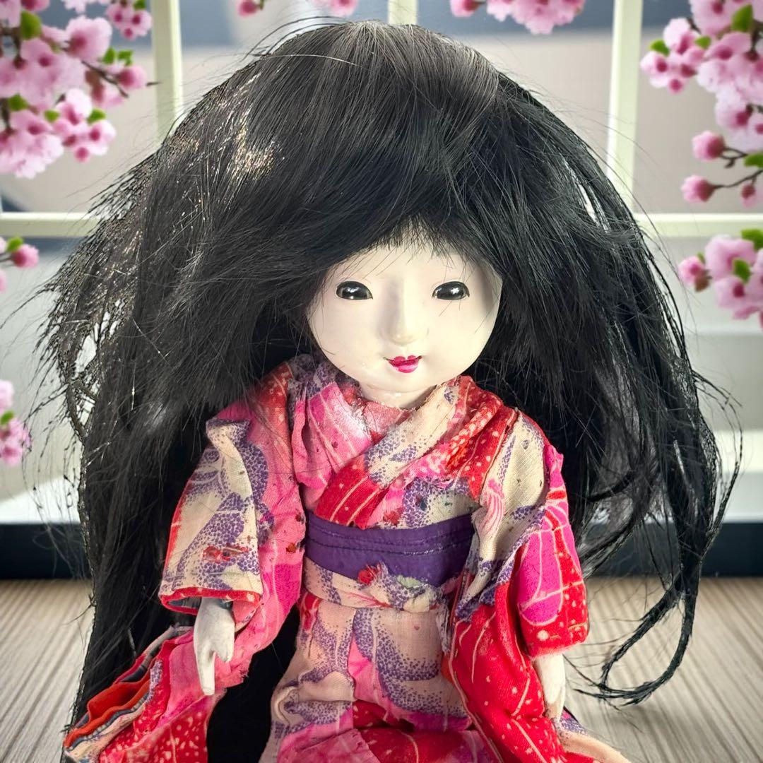 市松人形 明治後期 市印 朱印 三つ折れ 単色黒目 ガラス目 縮緬 着物 伝統工