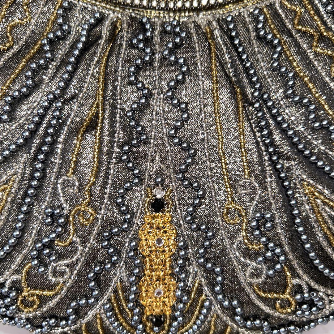 ビーズバッグ パーティバッグ がま口 チェーン ゴールド×ブラック 和装バッグ