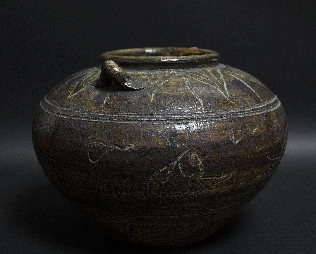 茶道具 伝世 古安南(17～18世紀）釘彫『双龍文』壺 /双耳飾壺 骨董品希少品