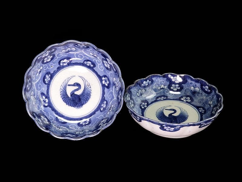 古伊万里　染付　墨弾き　梅花に舞鶴紋の図　膾皿　２客　E520AS-COd