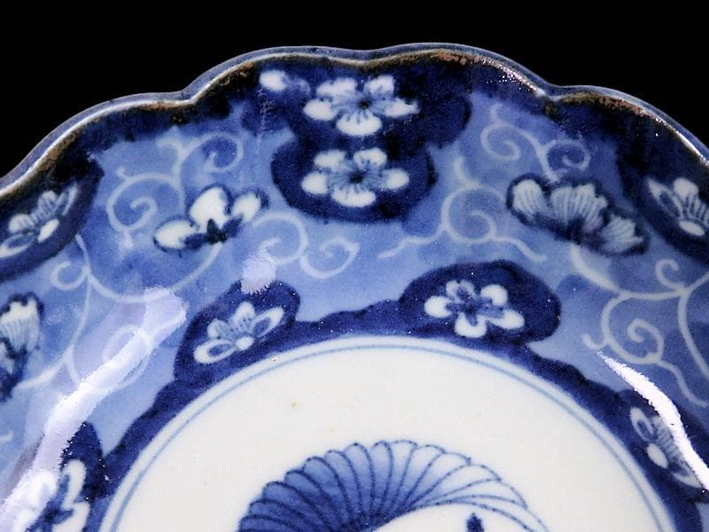 古伊万里　染付　墨弾き　梅花に舞鶴紋の図　膾皿　２客　E520AS-COd