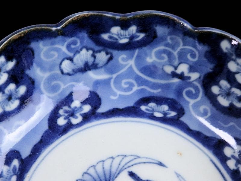 古伊万里　染付　墨弾き　梅花に舞鶴紋の図　膾皿　２客　E520AS-COd