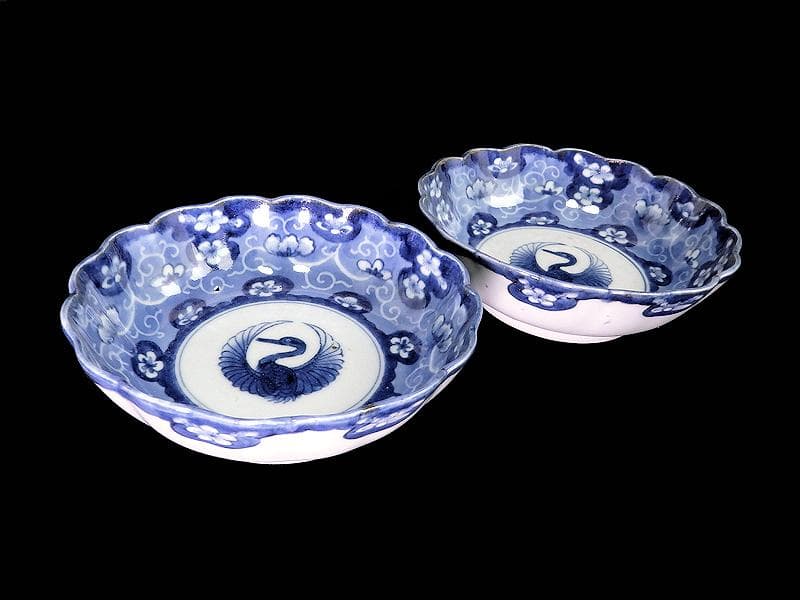 古伊万里　染付　墨弾き　梅花に舞鶴紋の図　膾皿　２客　E520AS-COd