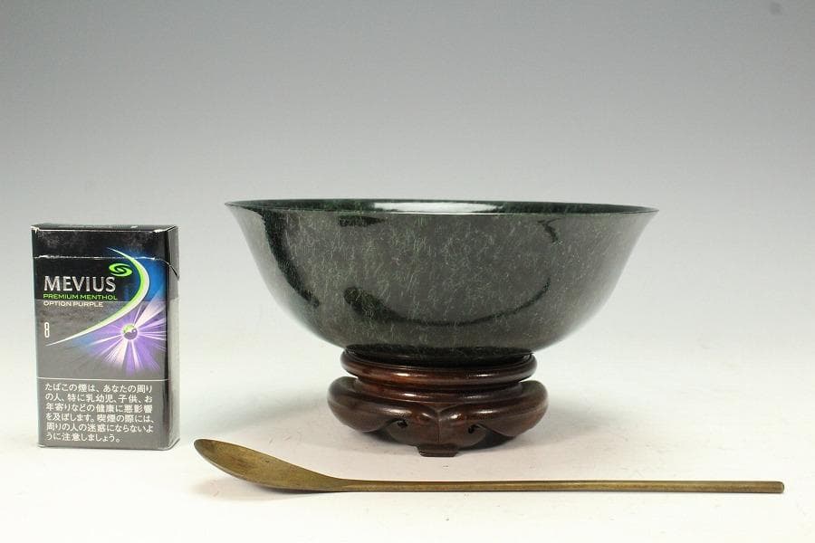 中国美術 壁玉 碗 台 匙付 時代物(K-A385)