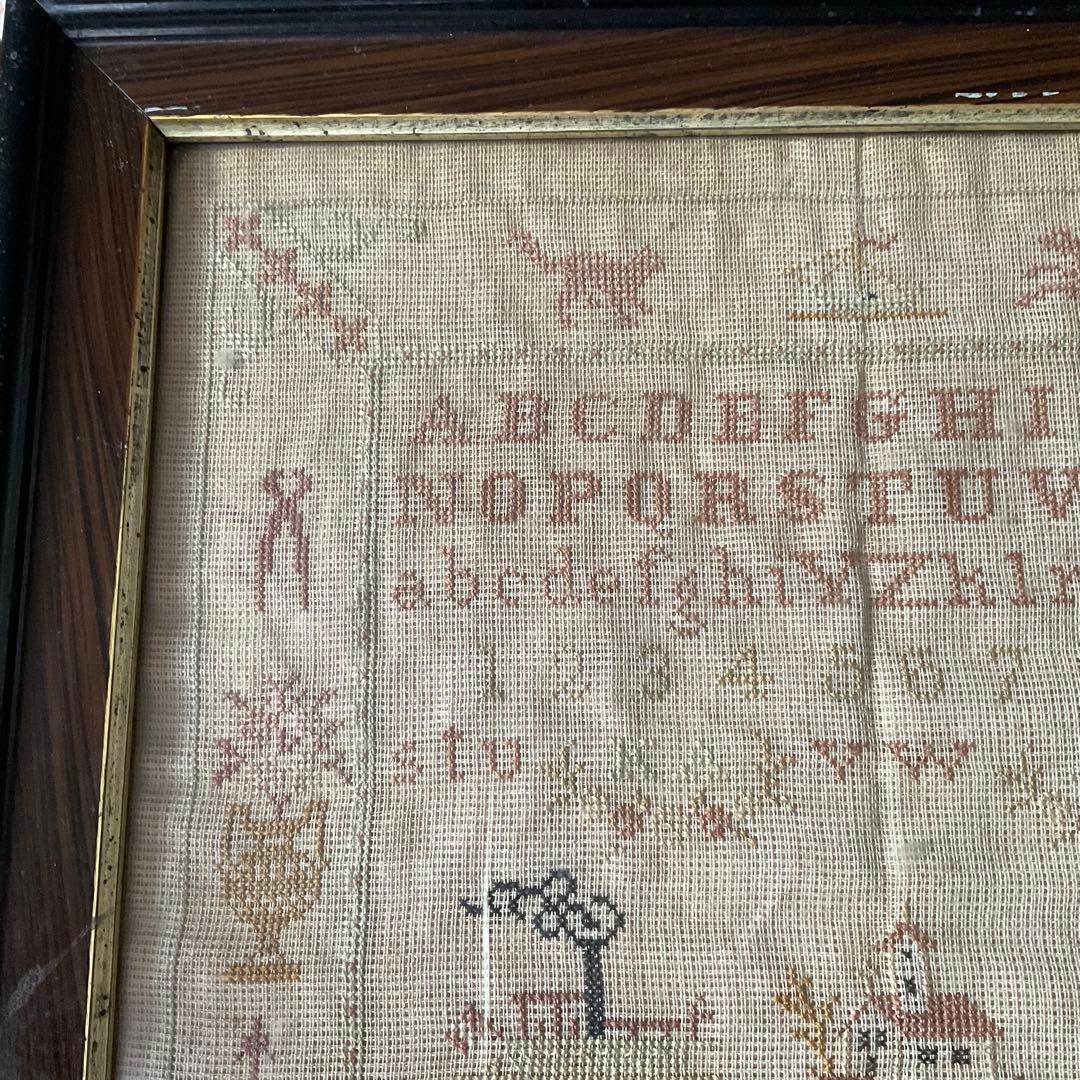 刺繍 フランス アンティーク サンプラー フレーム 1891年 ガラス入り 額装