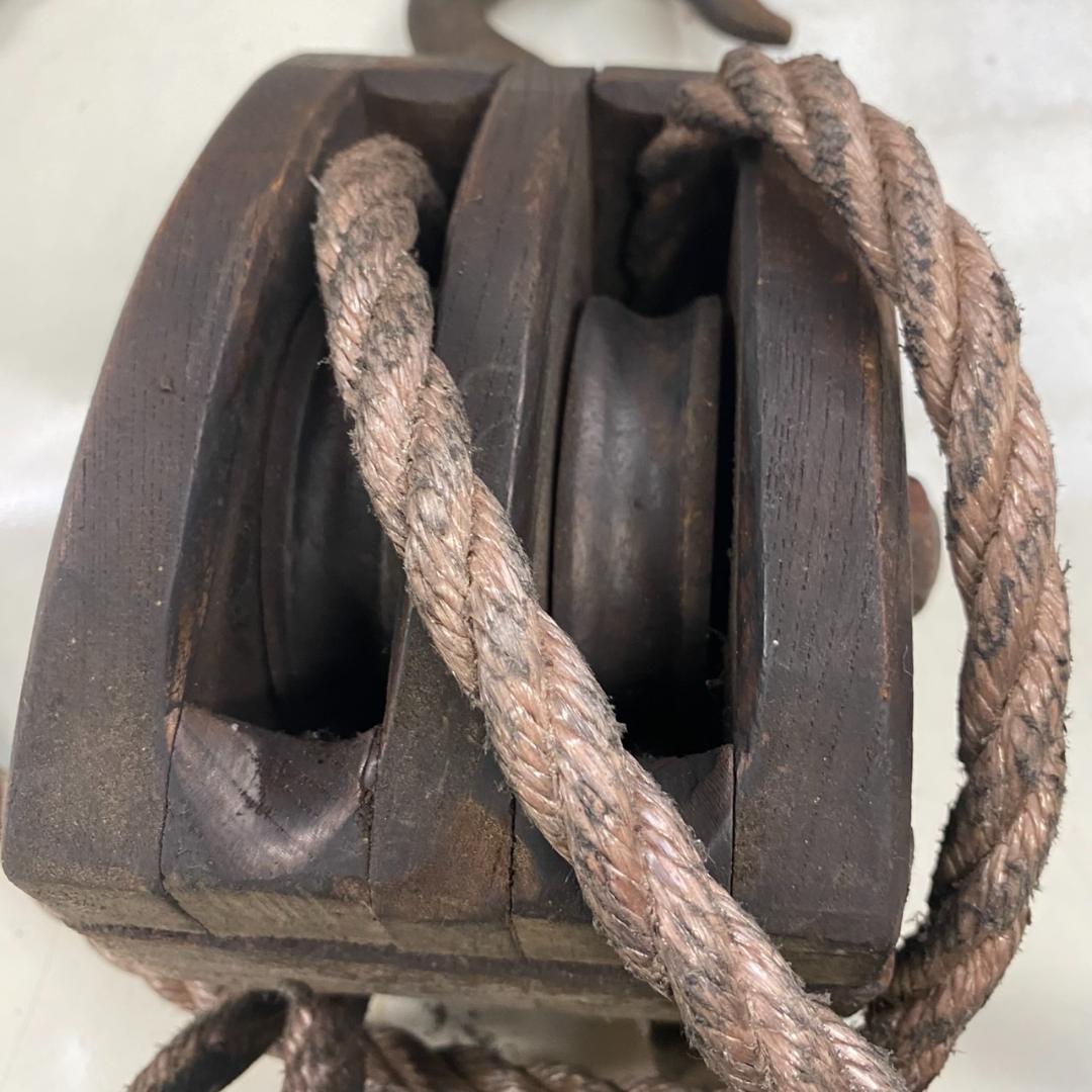 昭和レトロ　木製滑車セット　ロープ付き