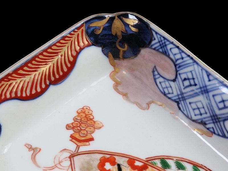 古伊万里　色絵　青海波にお福さんの図　角皿 ２客　C084AS-DAa