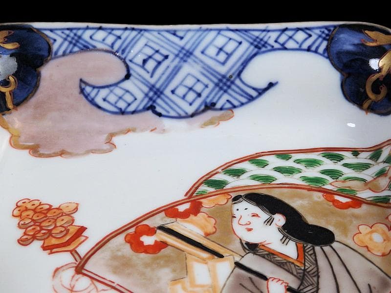 古伊万里　色絵　青海波にお福さんの図　角皿 ２客　C084AS-DAa