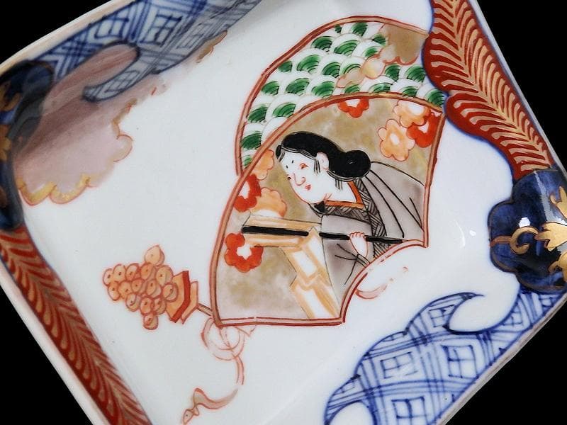 古伊万里　色絵　青海波にお福さんの図　角皿 ２客　C084AS-DAa