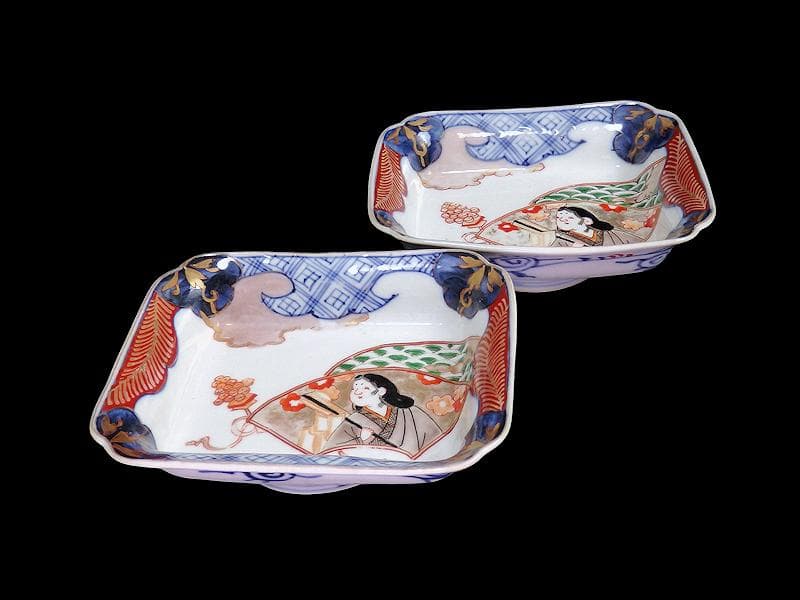 古伊万里　色絵　青海波にお福さんの図　角皿 ２客　C084AS-DAa