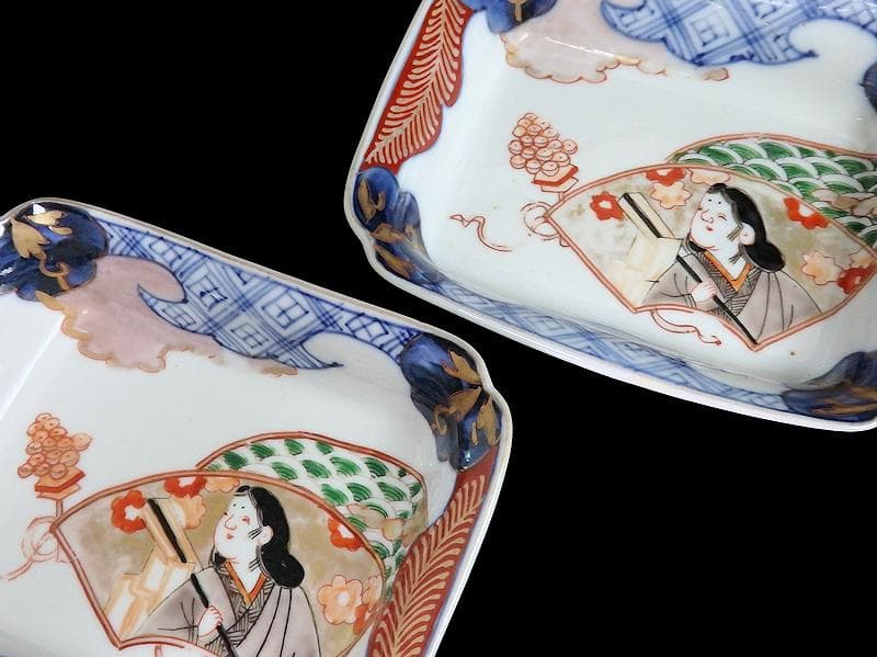 古伊万里　色絵　青海波にお福さんの図　角皿 ２客　C084AS-DAa