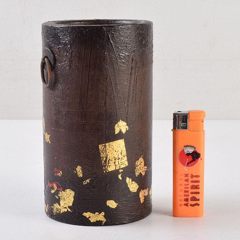 茶道具　漆芸家　難波仁斎作　金蒔絵　花入　掛花入　共箱　C　R9505