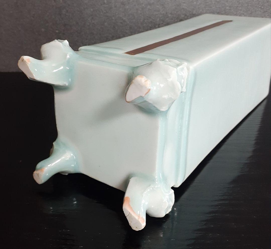 京焼　清水焼　名工　【吉川充】造　青白磁　獣足　花入れ　花器　共箱　個展出品作品