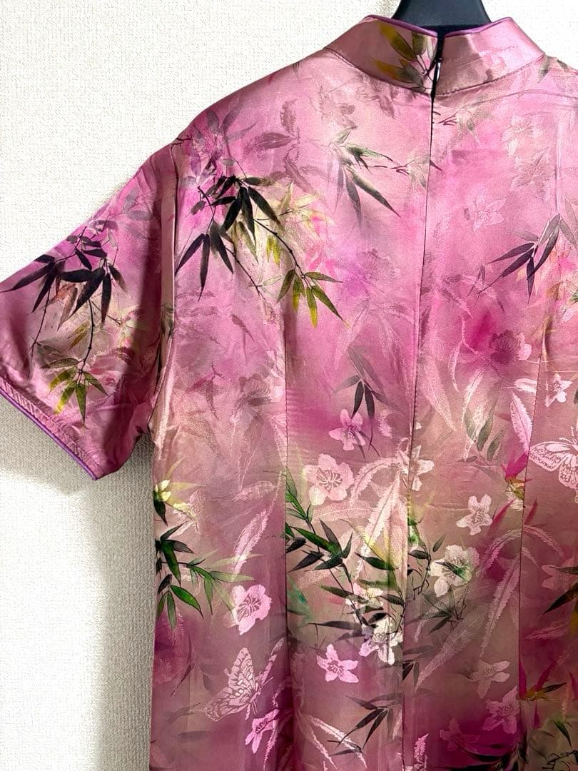 【桃色ワカメページ】ジャカード シルク チャイナドレス ロングワンピース