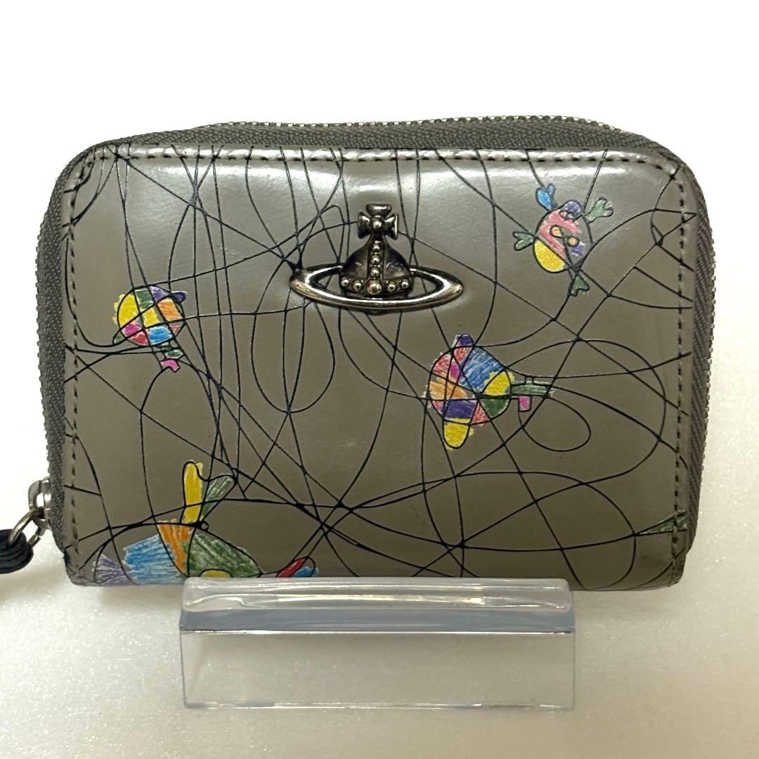 ヴィヴィアンウエストウッド 本革 ミニ財布 オーブ グレー 手書き風アート