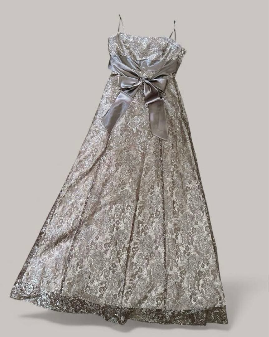ブロンズ　パーティ　総レース ロングドレス　リボン