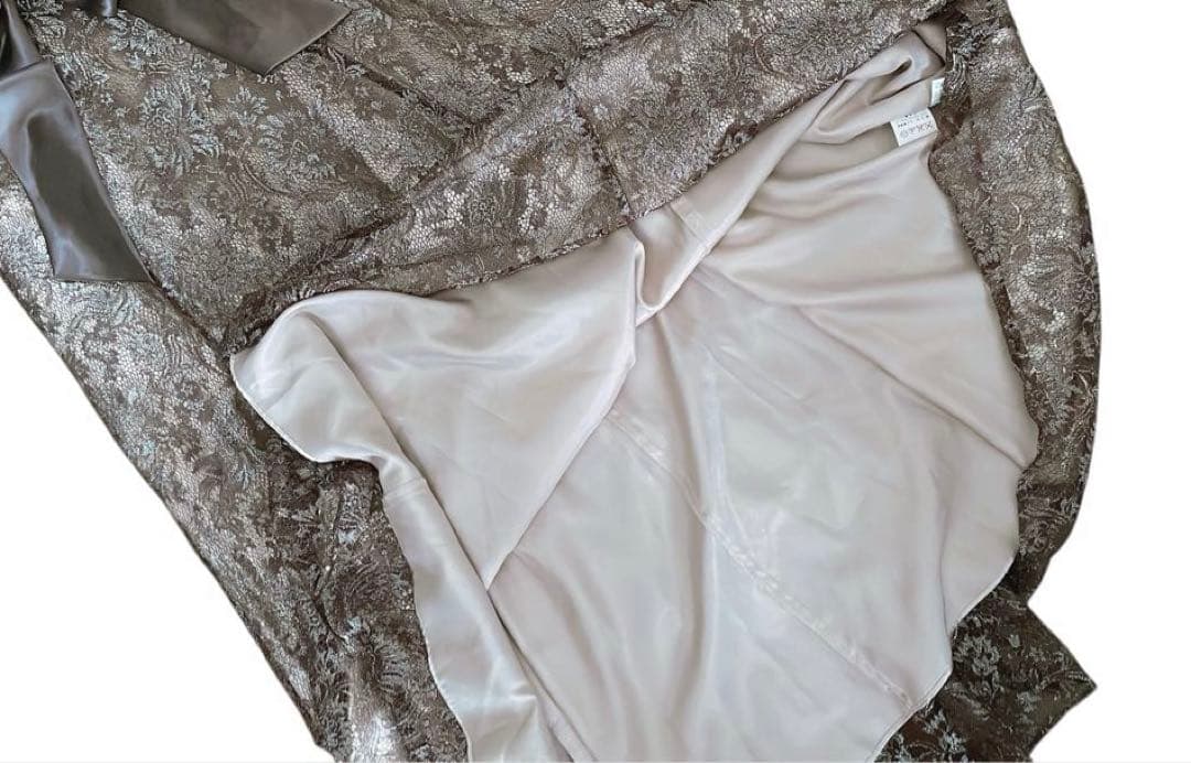 ブロンズ　パーティ　総レース ロングドレス　リボン