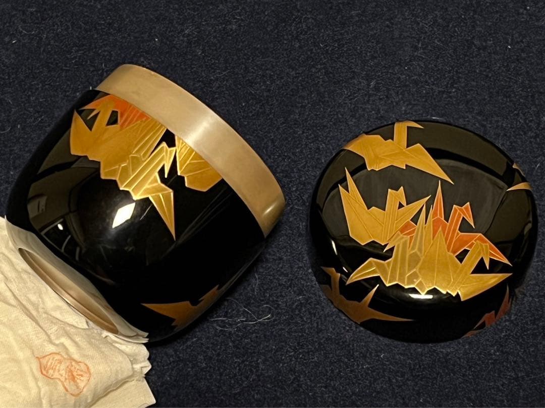 蒔絵師一瓢斎 折り鶴蒔絵　大棗　内銀溜　茶道具　共箱共布