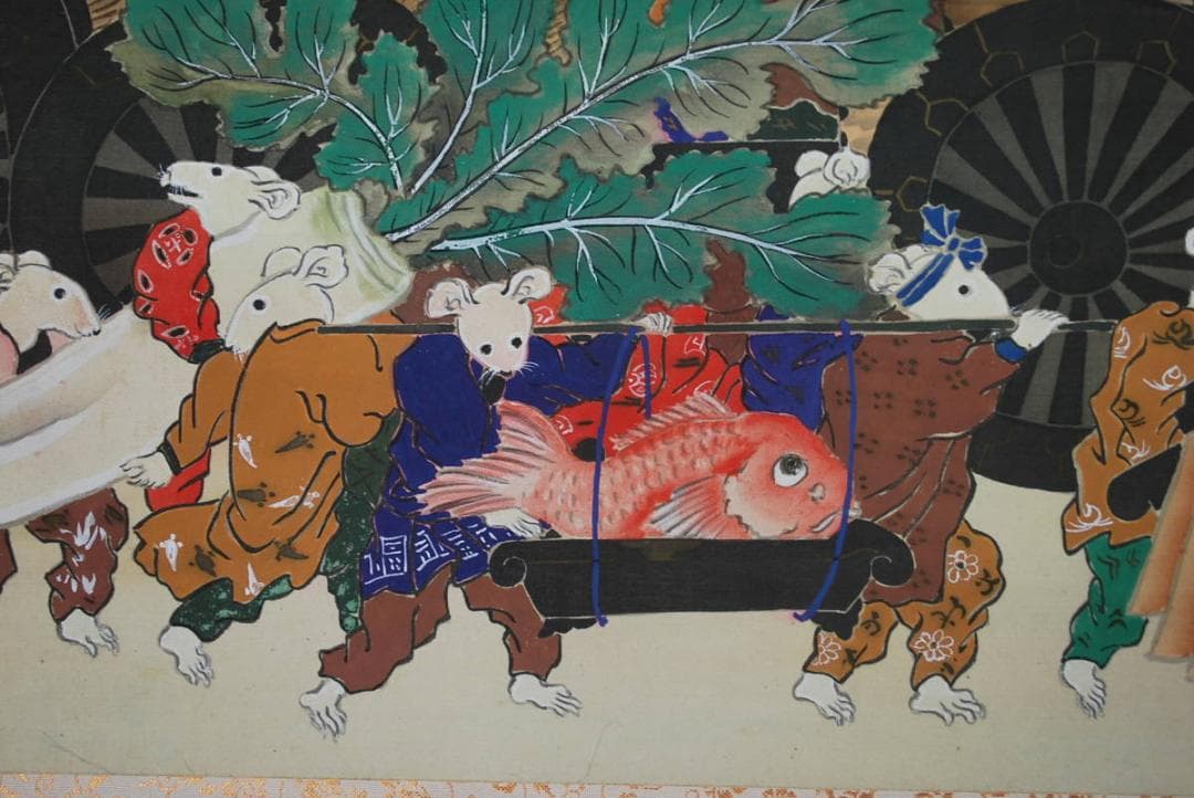 【真作】渓涯/甲子祭図/福鼠/ネズミ/恵比寿大黒/掛軸☆宝船☆V-768　JM