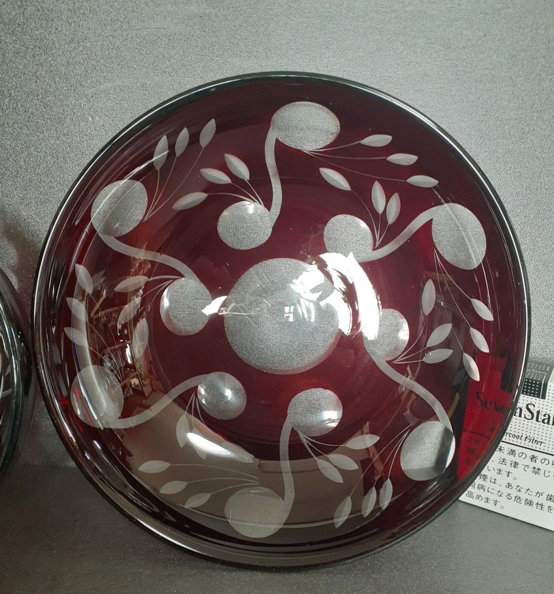 時代物　古硝子　赤被せガラス　切子　ボウル　鉢　2点　【昭和レトロ】No.3