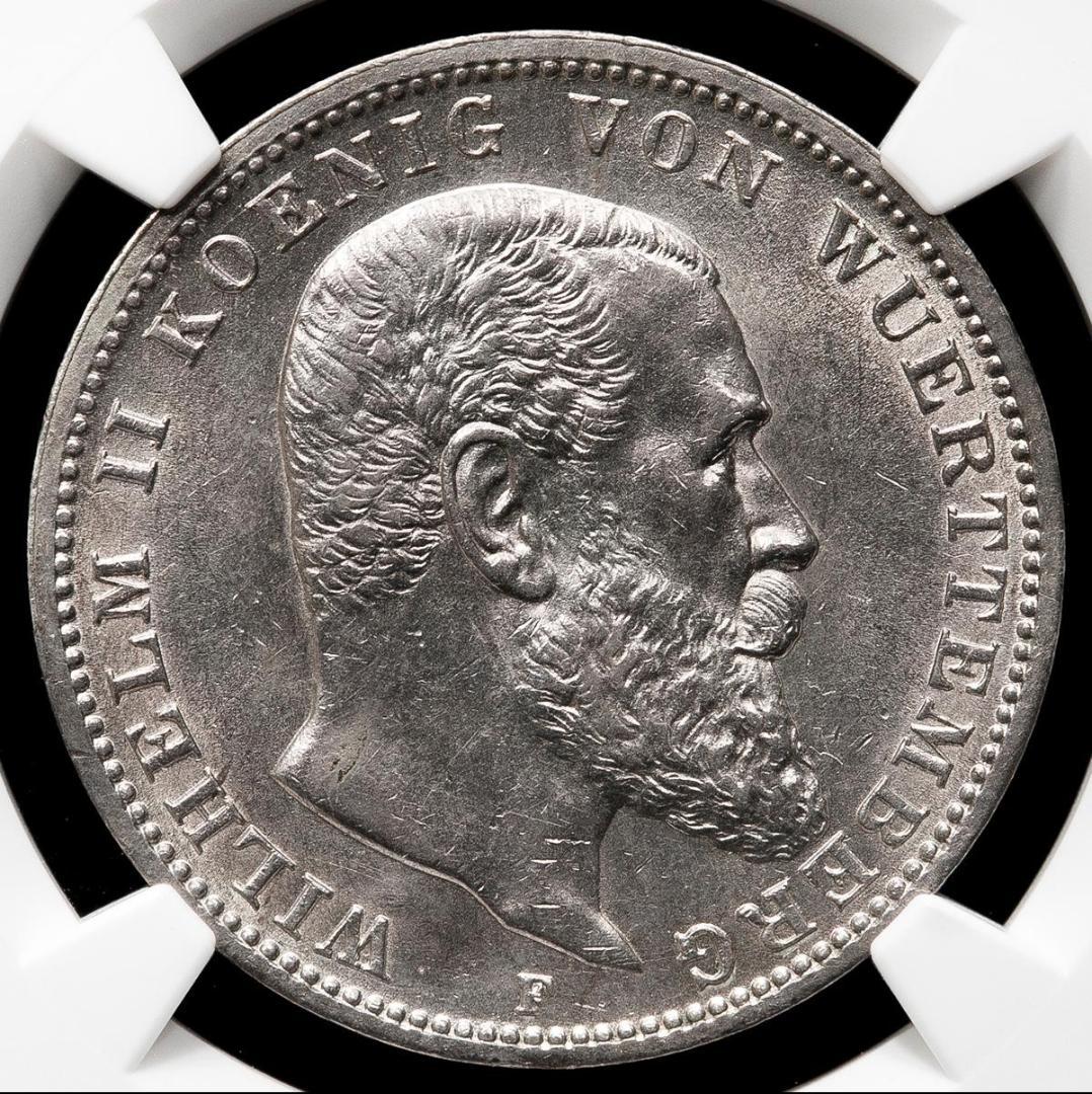 NGC-AU 洗浄 1914F ヴュルテンベルク ヴィルヘルム2世 3マルク銀貨