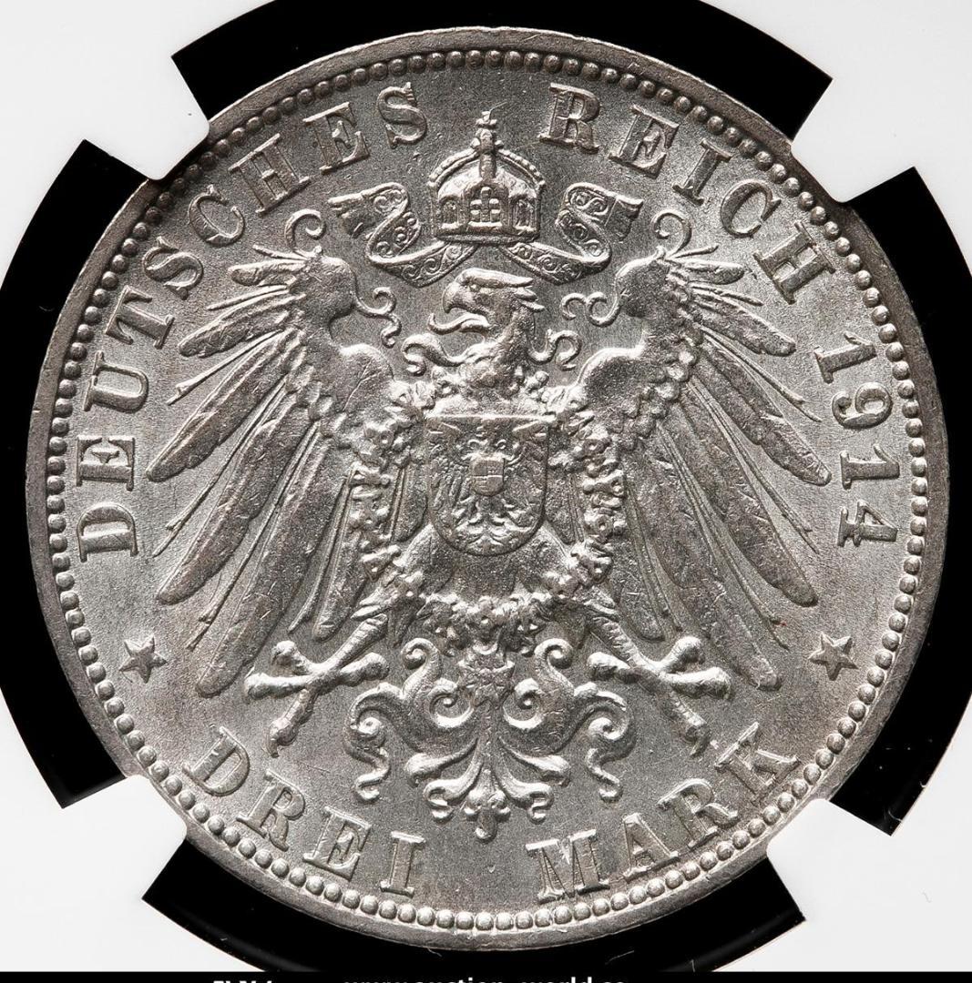 NGC-AU 洗浄 1914F ヴュルテンベルク ヴィルヘルム2世 3マルク銀貨