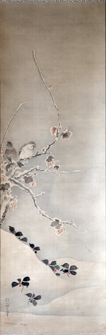 絹本双幅 酒井抱一 「紅梅小禽雪中雀図二幅対」三つ葉葵表装 共箱 掛軸 徳川家紋