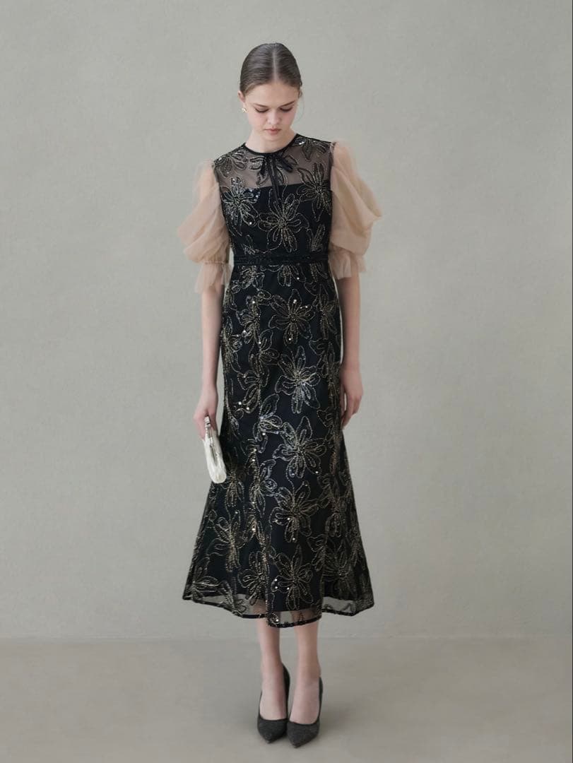 スパンコールフラワーリボンチュールワンピースドレス結婚式二次会パーティー成人式