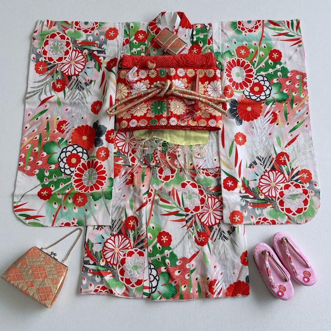 昭和レトロ　フルセット　七五三　７歳　女の子　孔雀羽　赤袋帯　簡単半衿　7083