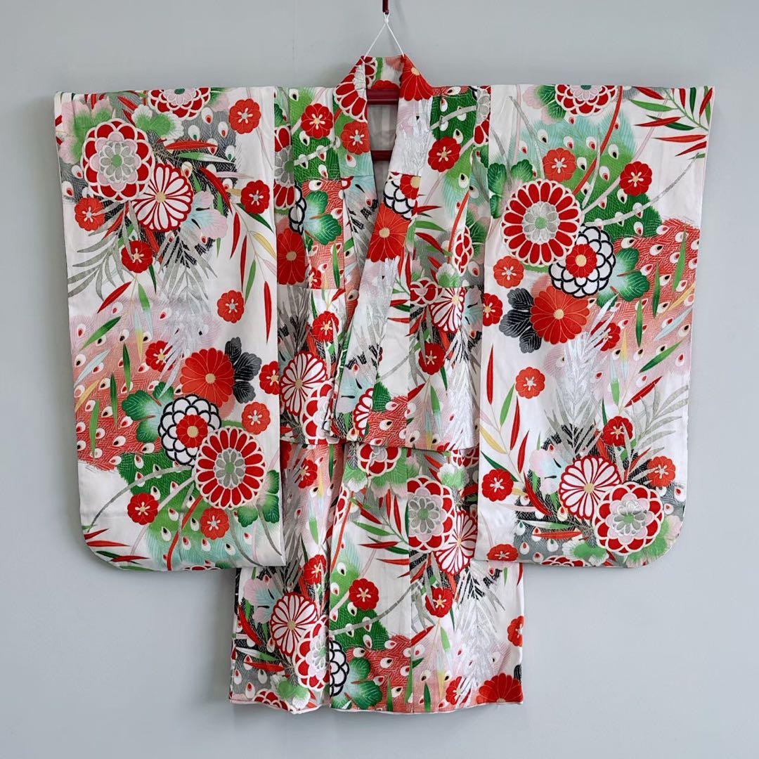 昭和レトロ　フルセット　七五三　７歳　女の子　孔雀羽　赤袋帯　簡単半衿　7083