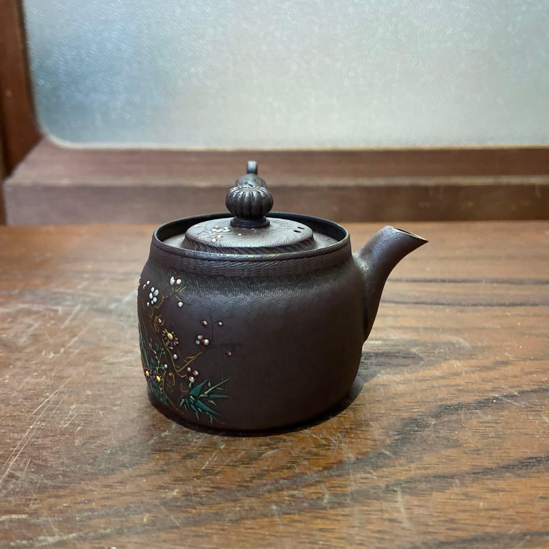 庄造作萬古焼朱泥金彩色絵草花文急須 煎茶道具