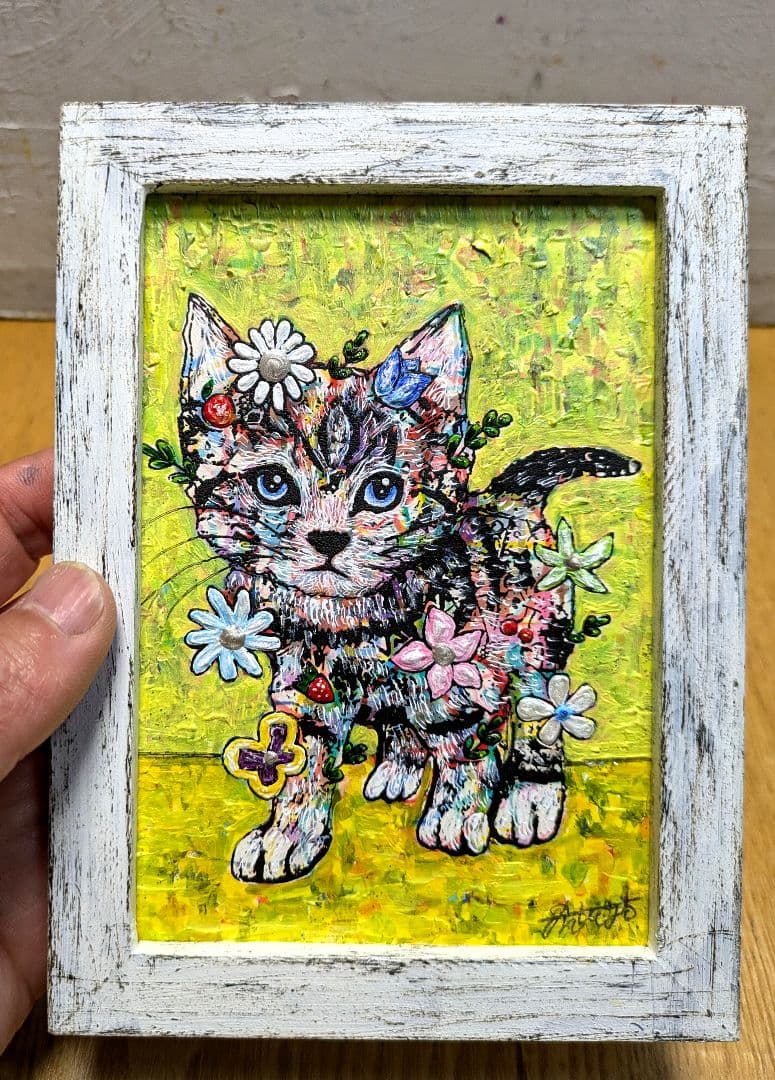 特別価格❗️ゴッホ風背景シリーズ　手作り額付き作品「新星ニャンコ」