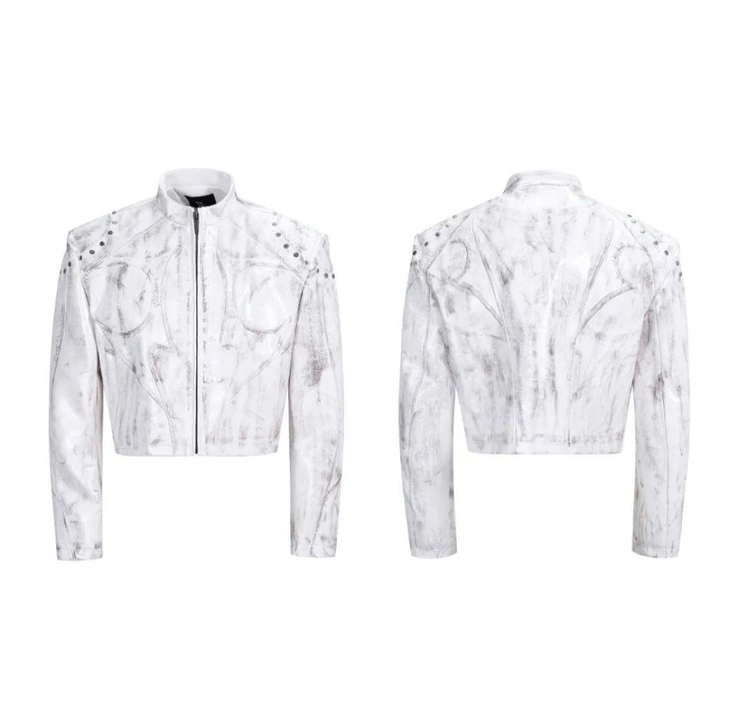 STARTEXCEEDEND ショートフェイクレザージャケット 肩パッド付き