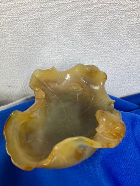 【希少品】文房具　清時代瑪瑙蓮の葉水盂 天然瑪瑙；共箱、共布 BL4-99