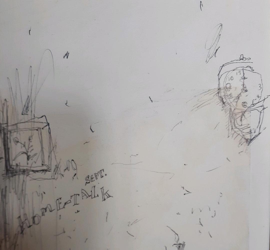 作者不明　ボールペンイラスト　女性と鳥と掛け時計の図　肉筆　SM　額装