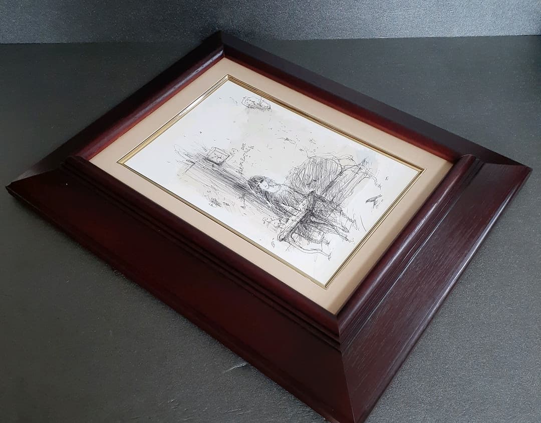 作者不明　ボールペンイラスト　女性と鳥と掛け時計の図　肉筆　SM　額装