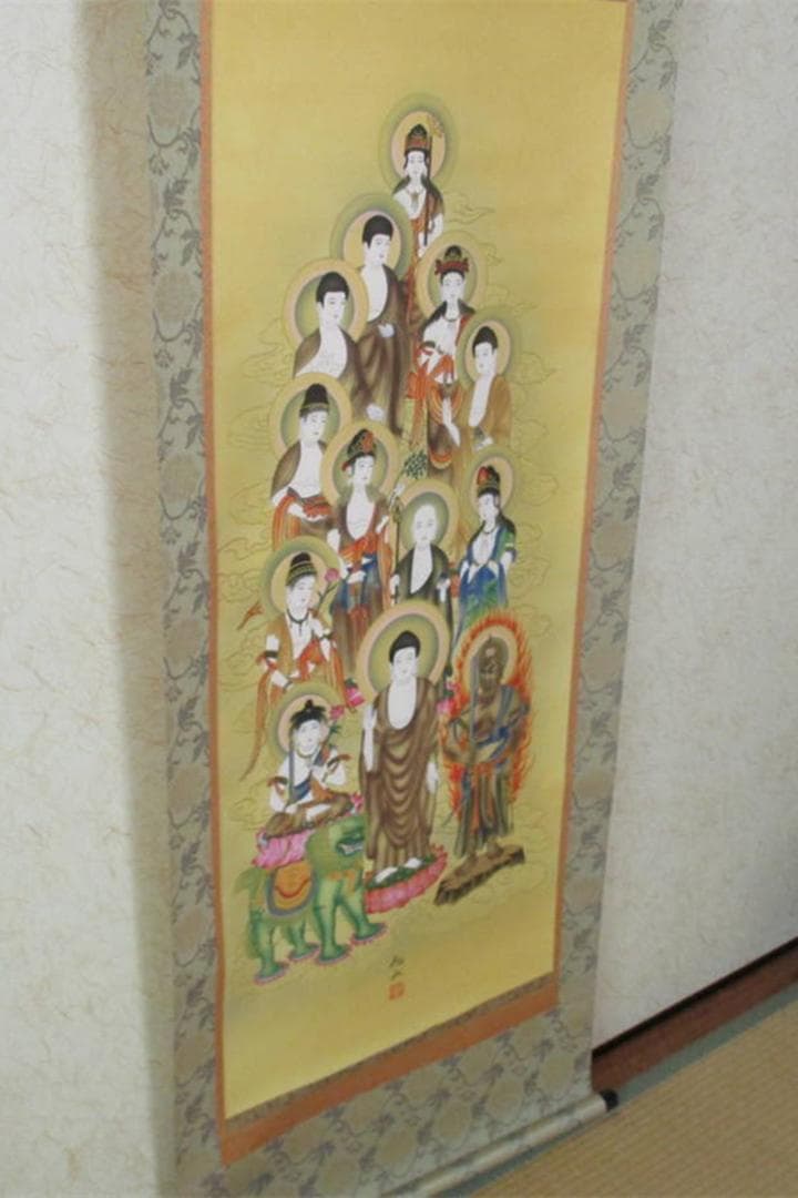 【保管品】掛軸 米谷旭秋『十三佛』絹本 共箱付 未使用 仏事用の掛け軸 廊7-1