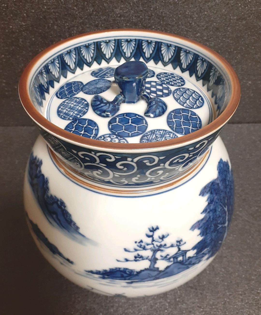 【秀作】清水焼　京焼　名工　山本壹楽造　染付　山水絵　水指　共箱　茶道具　茶器