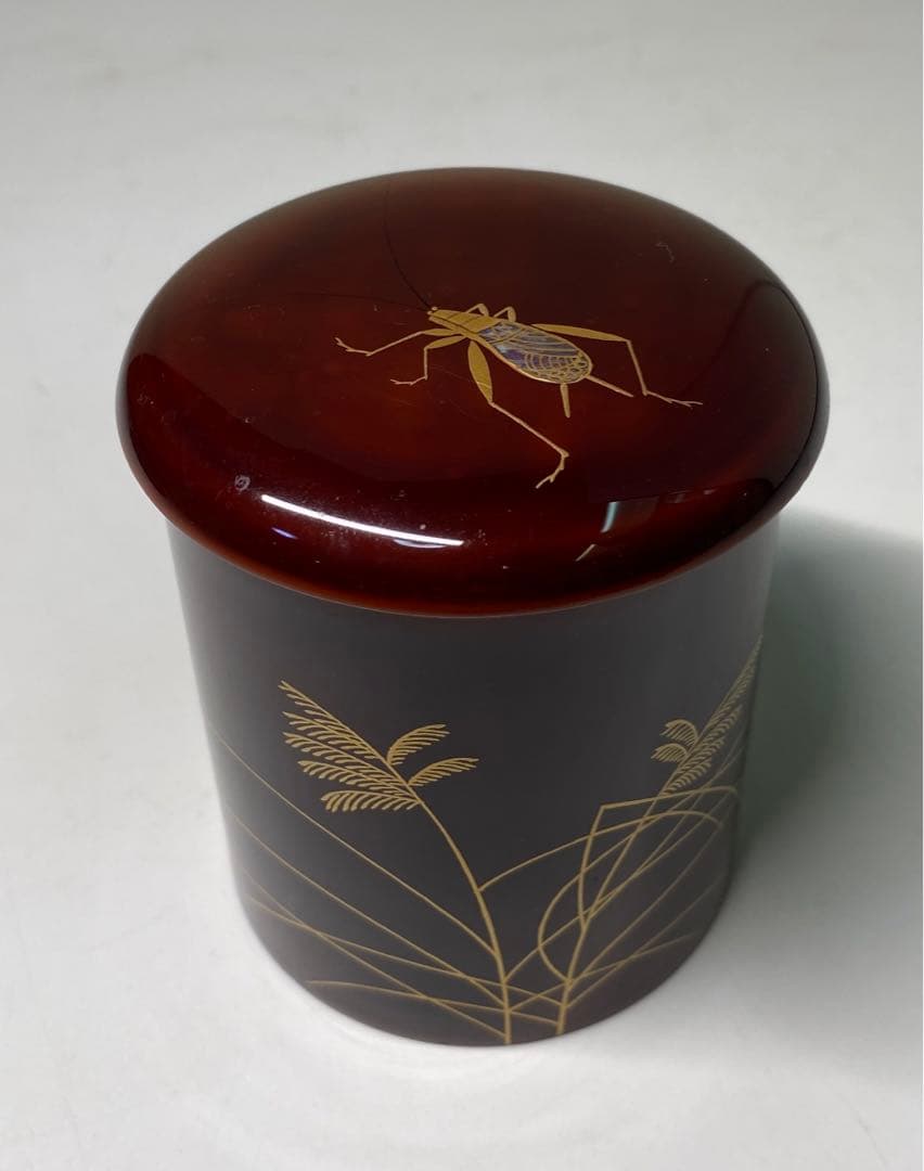 【茶道具】熊谷秀穂造　薄に鈴虫　金輪寺棗（共箱）