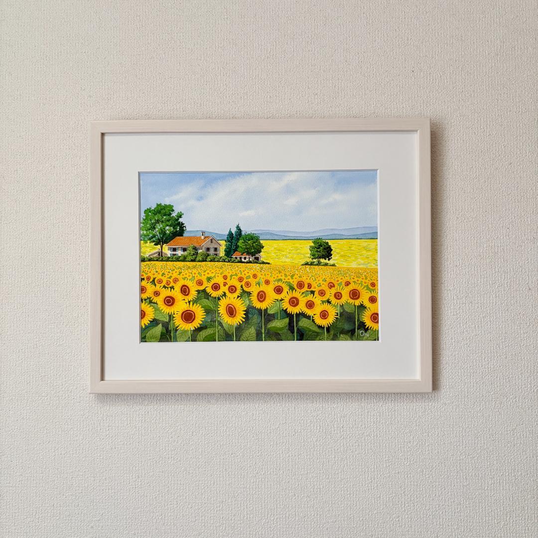 透明水彩画　原画　「ひまわり畑02」額縁付　４Fサイズ　風景画