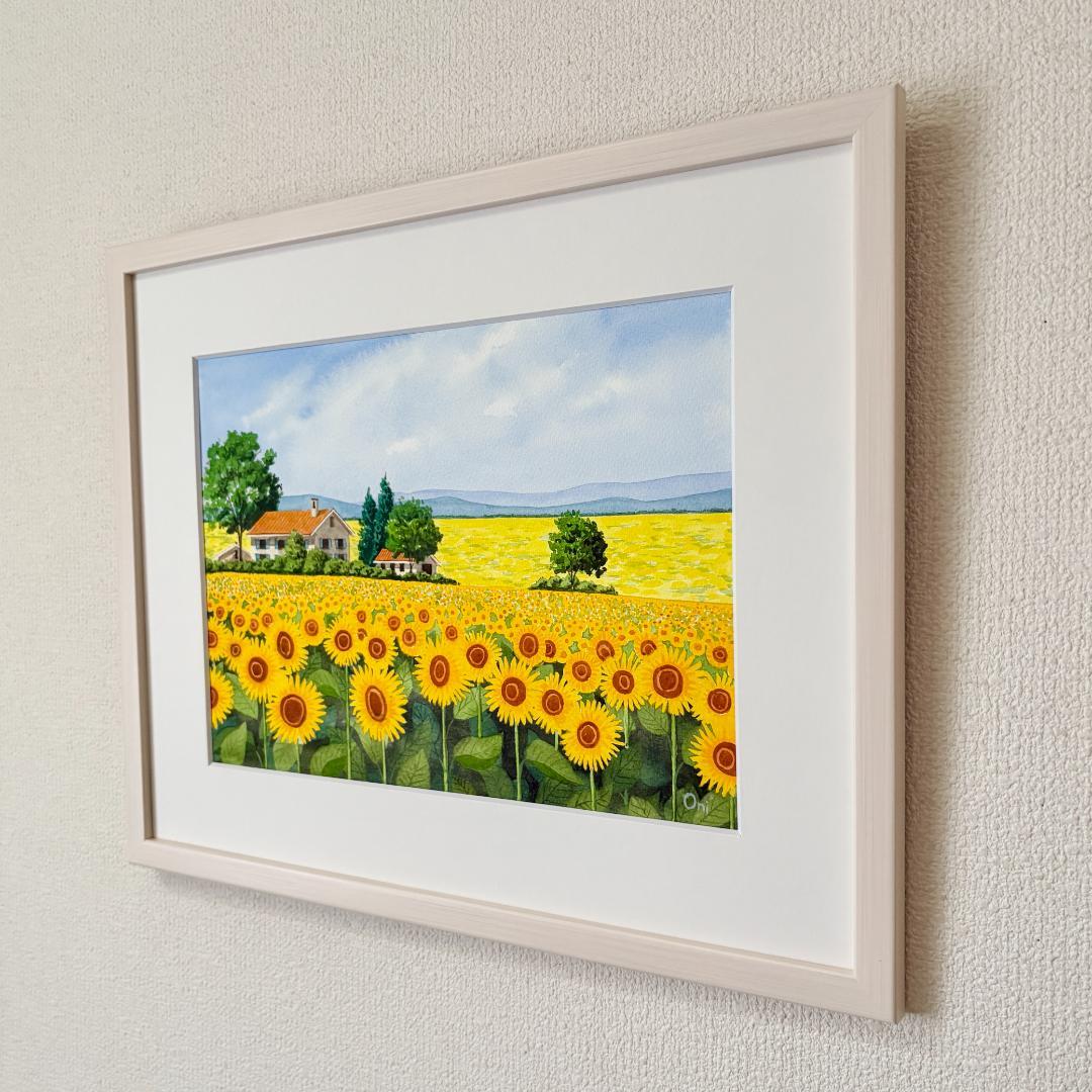 透明水彩画　原画　「ひまわり畑02」額縁付　４Fサイズ　風景画