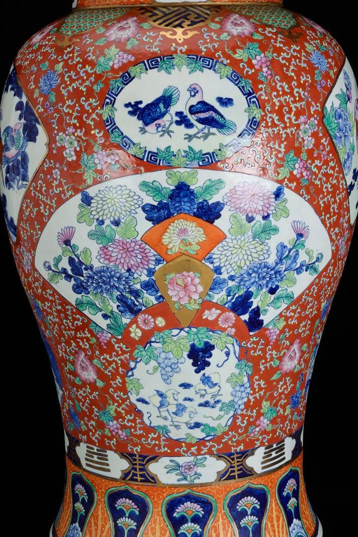 有田焼 染錦窓絵花鳥尽之図 獅子摘蓋付 沈香壺 特大99㎝ 飾壺 古美術 骨董品