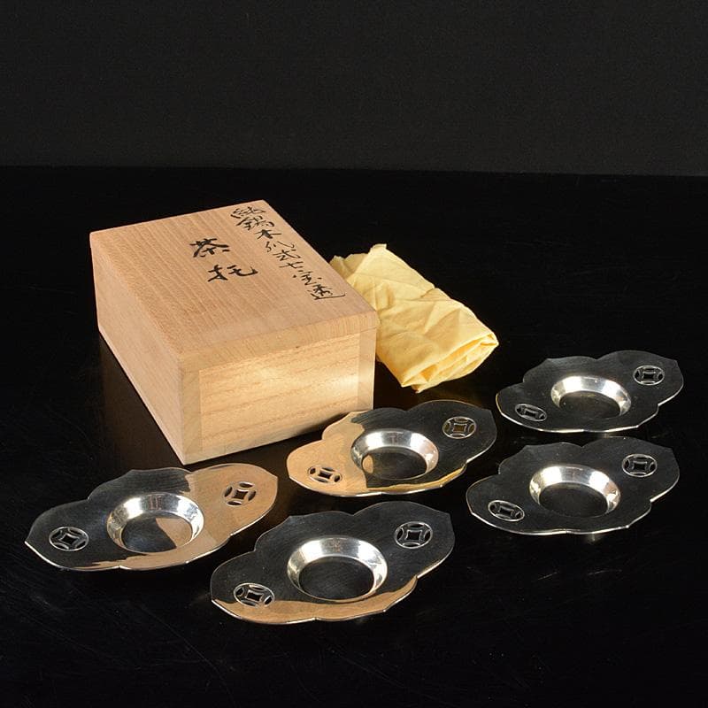 隆昌造　純錫　木瓜式　七宝透　茶托　五客　合計約292g　共箱　V　R7381