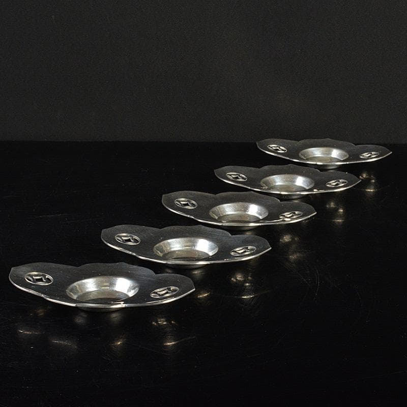 隆昌造　純錫　木瓜式　七宝透　茶托　五客　合計約292g　共箱　V　R7381