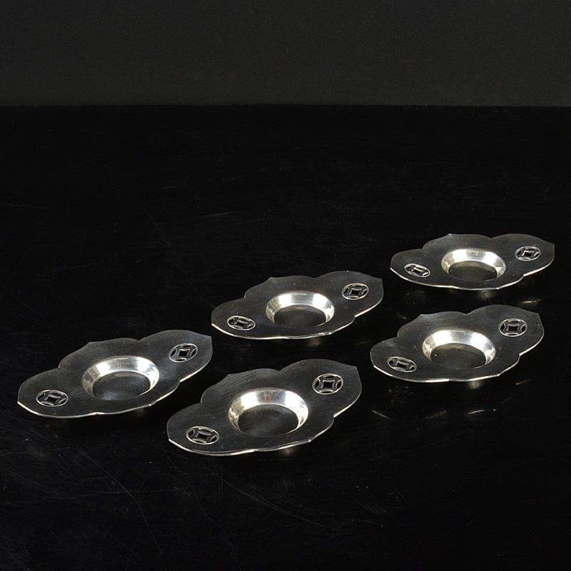 隆昌造　純錫　木瓜式　七宝透　茶托　五客　合計約292g　共箱　V　R7381