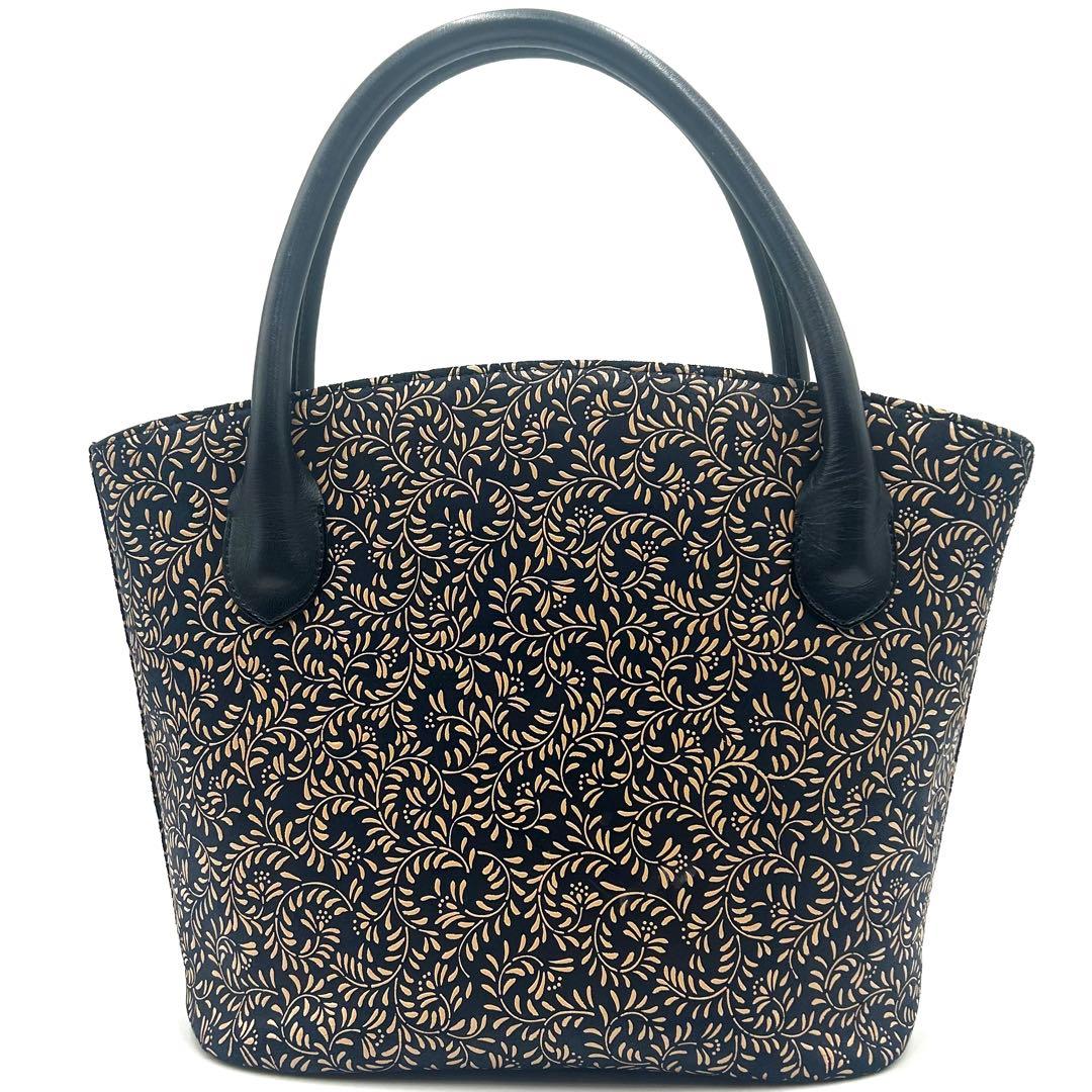 【美品】 印傳屋 インデンヤ ハンドバッグ 唐草模様 ネイビー 甲州印伝