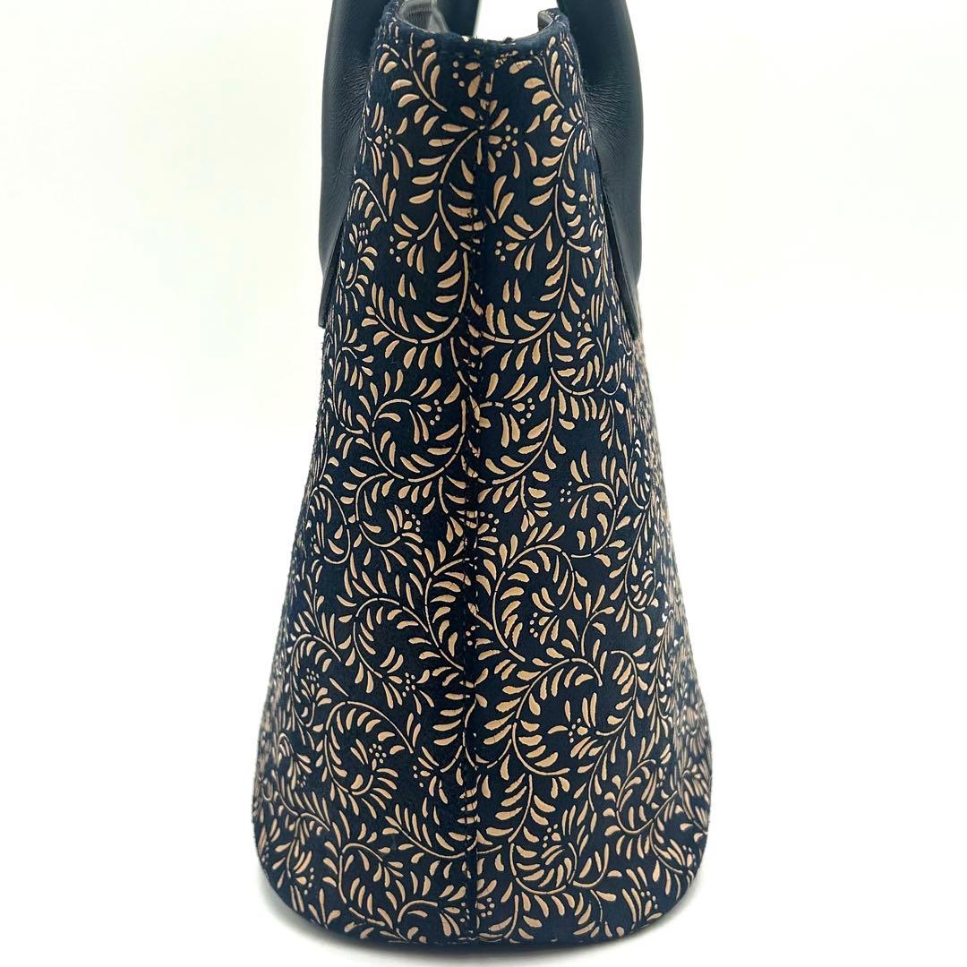 【美品】 印傳屋 インデンヤ ハンドバッグ 唐草模様 ネイビー 甲州印伝
