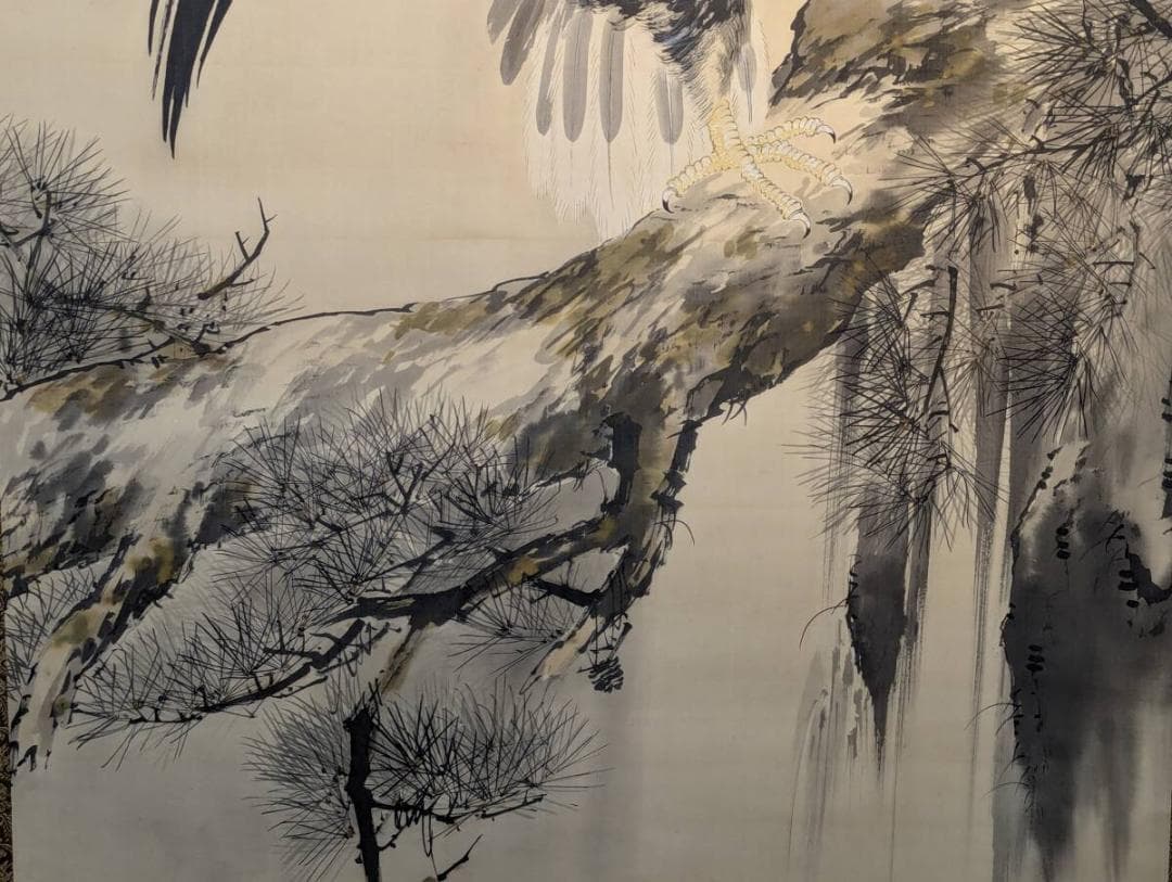 【真作】掛軸　松鷲図　日本画　勇壮吉祥画題　勇猛出世掛軸　合箱入　U32