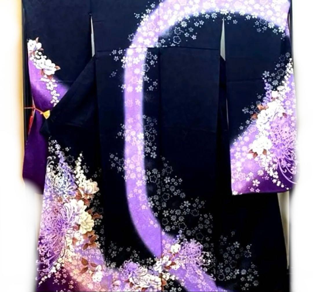 どんぐりコロコロ❣️美品　正絹振袖　ブラック　紫系　成人式　クリーニング済み